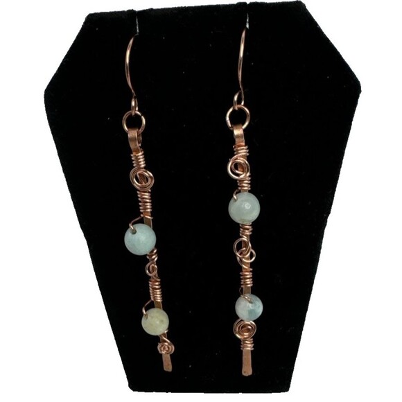 Artisan Crafted Hammered Copper And With  Wrapped Amazonite Dangle Earrings - Picture 2 of 7